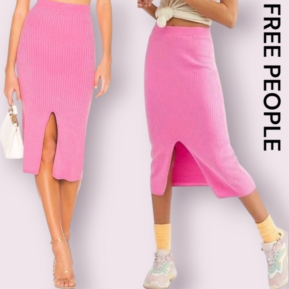 Free People Skyline Pink Ribbed Knit Pull-on Midi Skirt